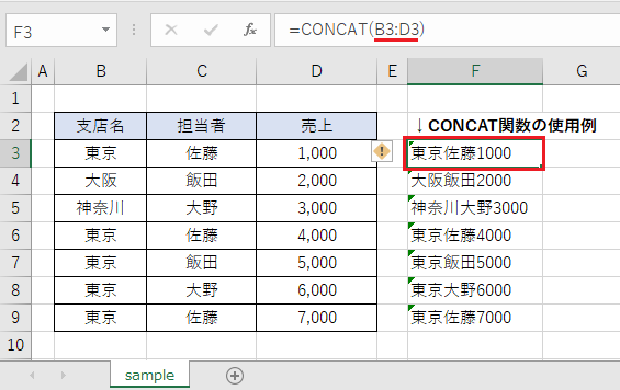 CONCAT関数の使用例